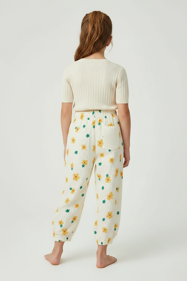 Pantalon Parachute Crème Fleuri Ample Fille Léger - Beige Coton - vue 2
