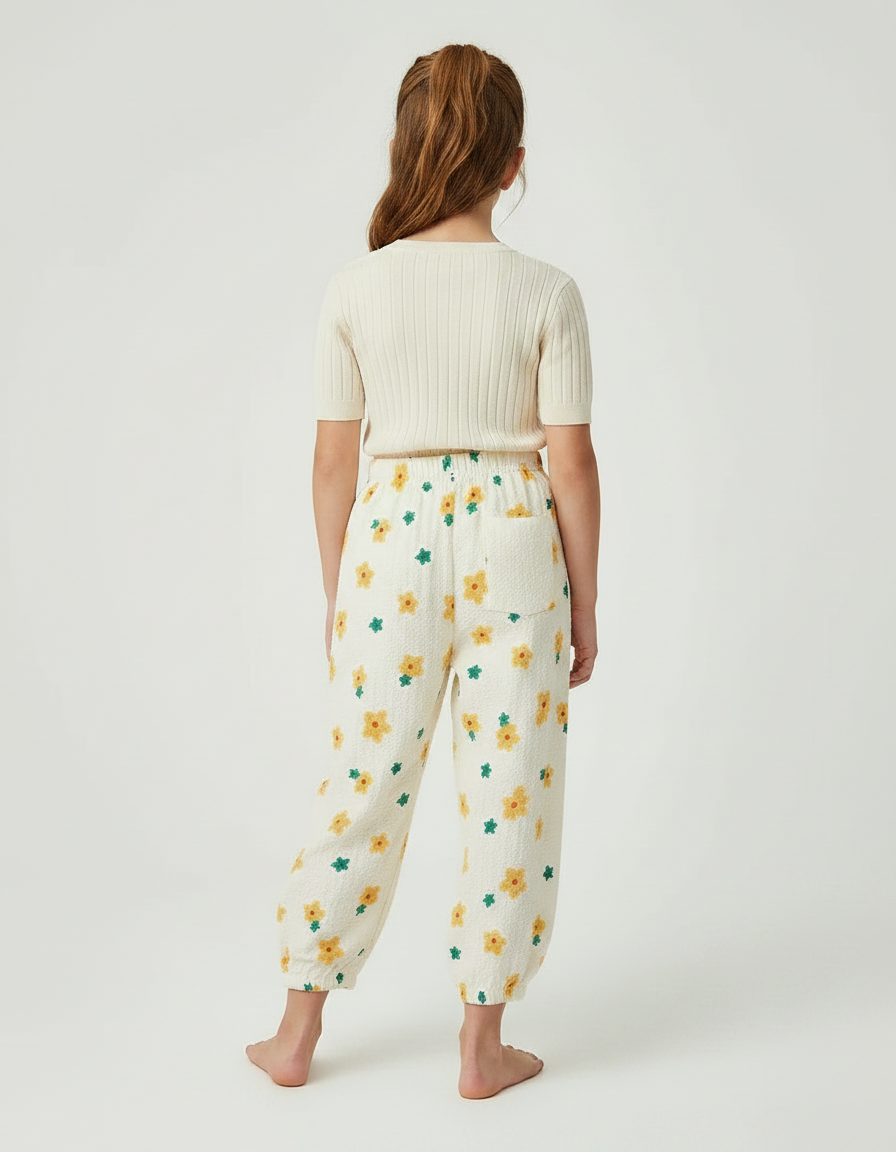 Pantalon Parachute Crème Fleuri Ample Fille Léger - Beige Coton - vue 2