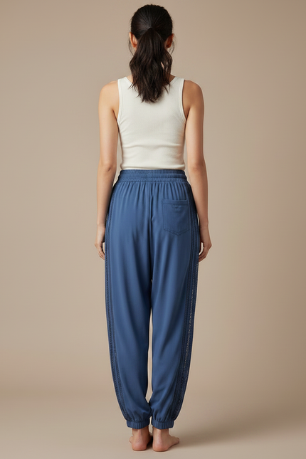 Pantalon Parachute Bleu Fluide Harem Dentelle Femme - Viscose - vue 2