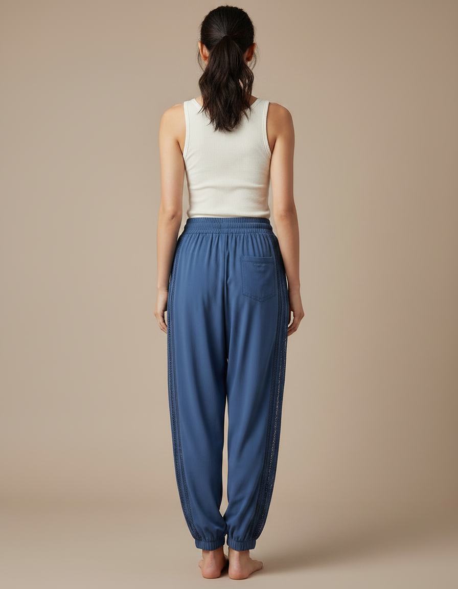 Pantalon Parachute Bleu Fluide Harem Dentelle Femme - Viscose - vue 2