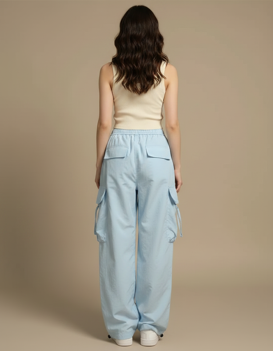 Pantalon Parachute Femme Cargo Nylon Streetwear - Bleu Polyester - vue 2