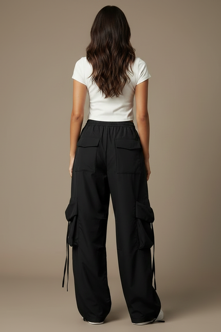 Pantalon Parachute Noir Cargo Ample Femme - Polyester - vue 2