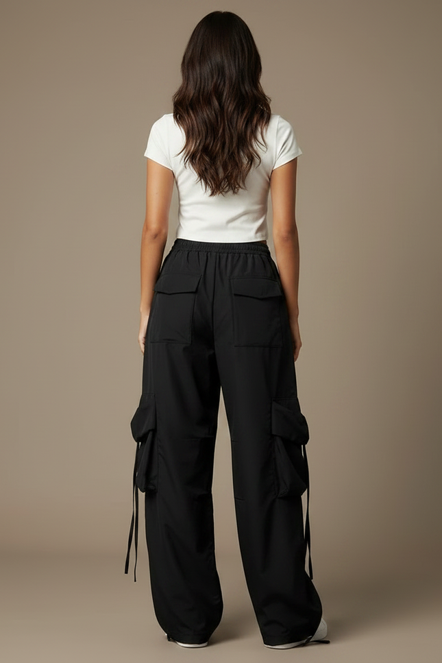 Pantalon Parachute Noir Cargo Ample Femme - Polyester - vue 2