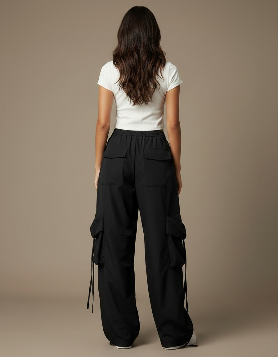 Pantalon Parachute Noir Cargo Ample Femme - Polyester - vue 2