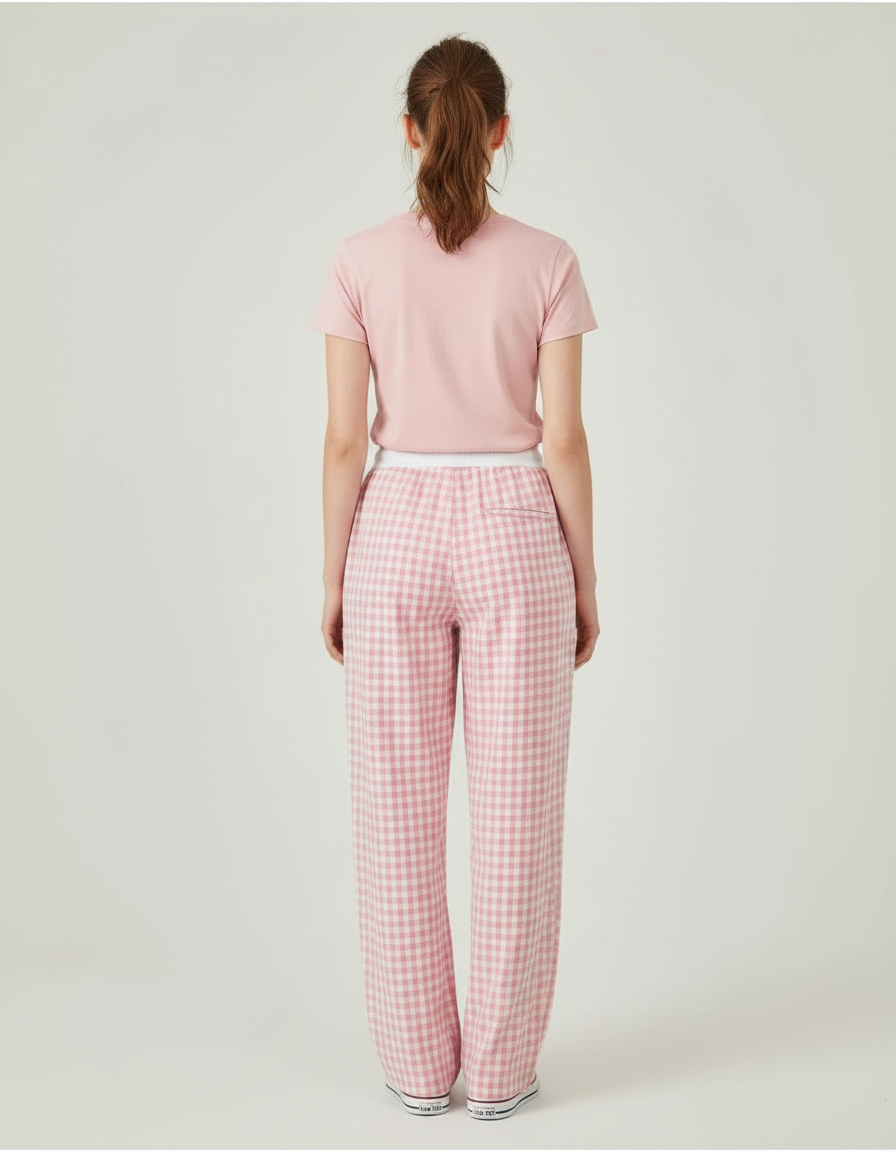 Pantalon Parachute Rose Vichy Ample Coton Décontracté - vue 2