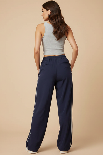 Pantalon Parachute Bleu Marine Ample Rayures Blanches - Polyester - vue 2