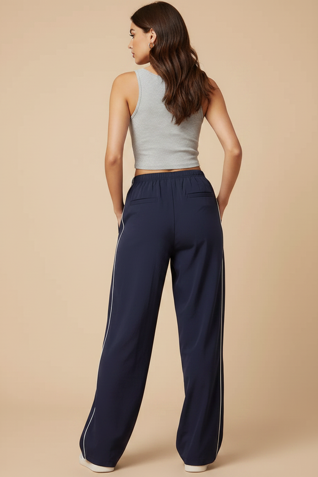 Pantalon Parachute Bleu Marine Ample Rayures Blanches - Polyester - vue 2