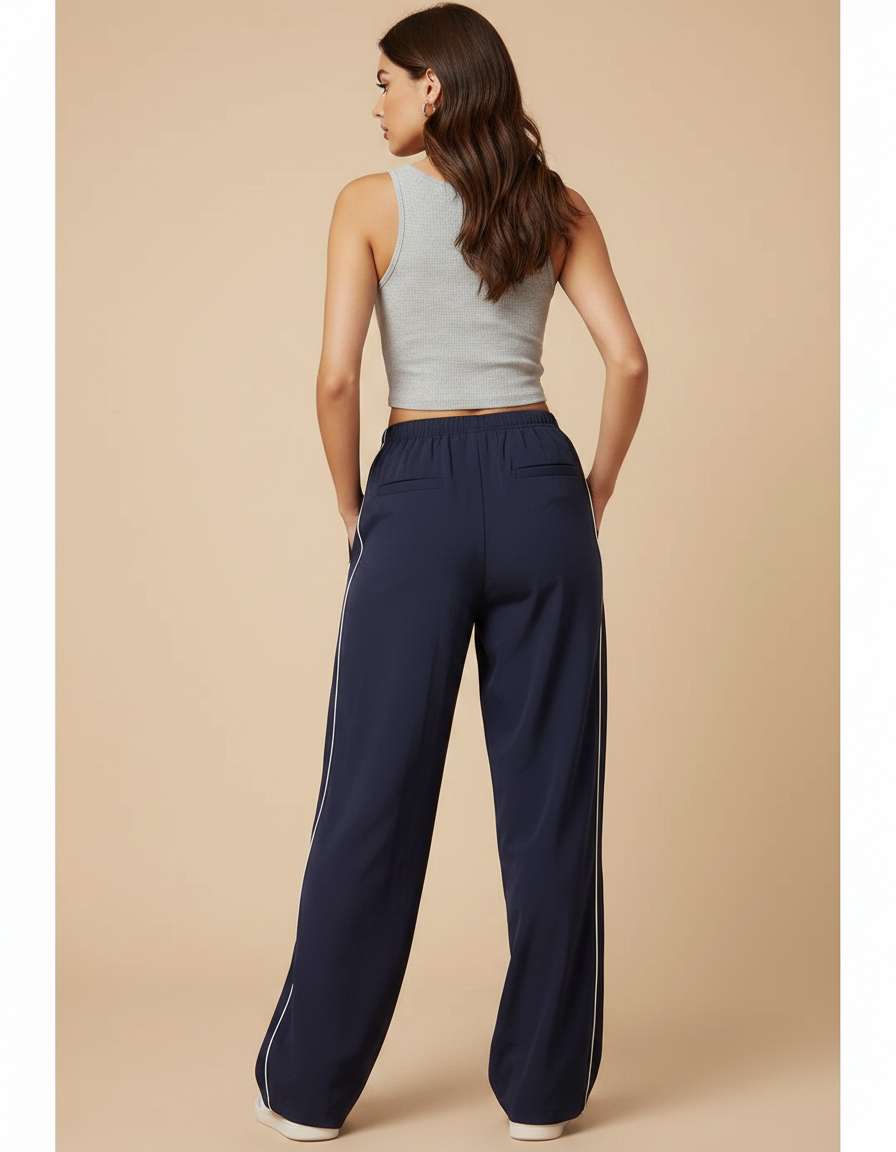 Pantalon Parachute Bleu Marine Ample Rayures Blanches - Polyester - vue 2