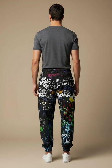 Pantalon Parachute Noir Graffiti Streetwear Ample Homme - Multicolore Molleton - vue 2