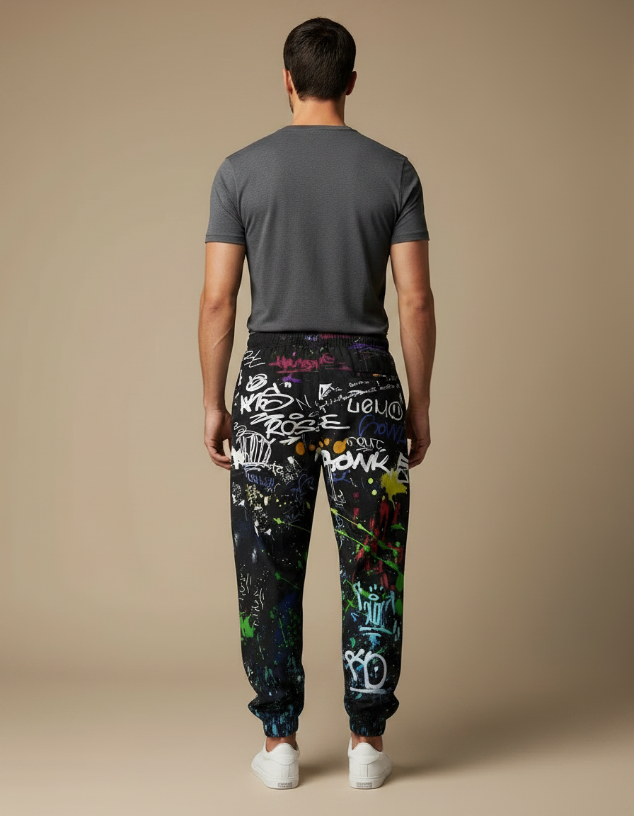 Pantalon Parachute Noir Graffiti Streetwear Ample Homme - Multicolore Molleton - vue 2