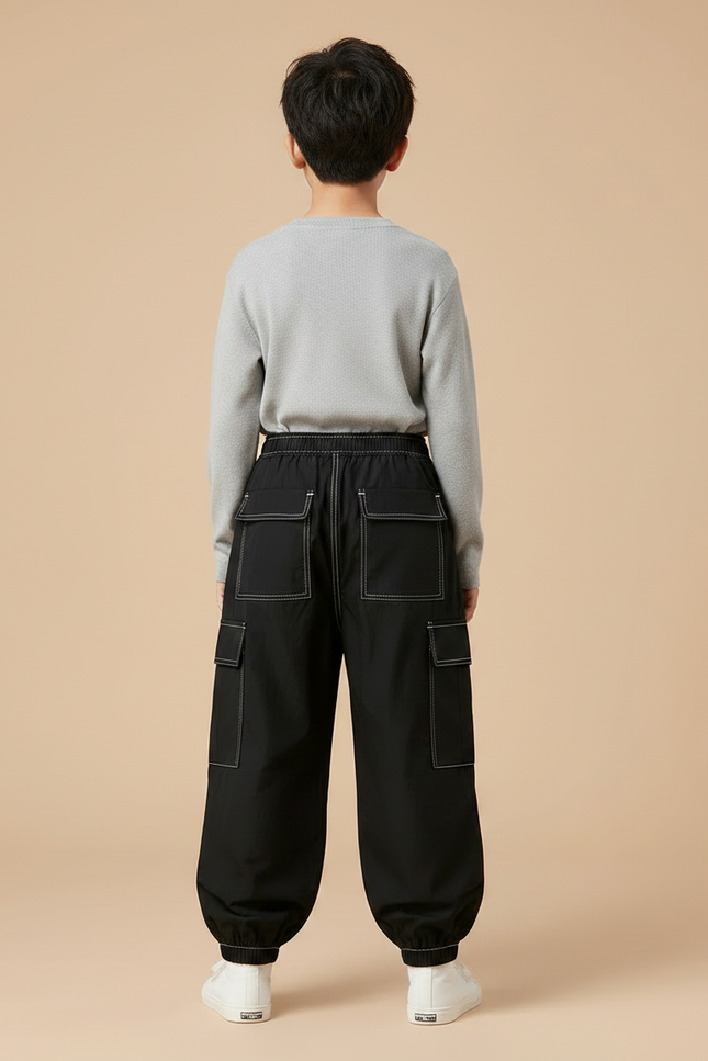 Pantalon Parachute Noir Cargo Ample Enfant - Polyester - vue 2