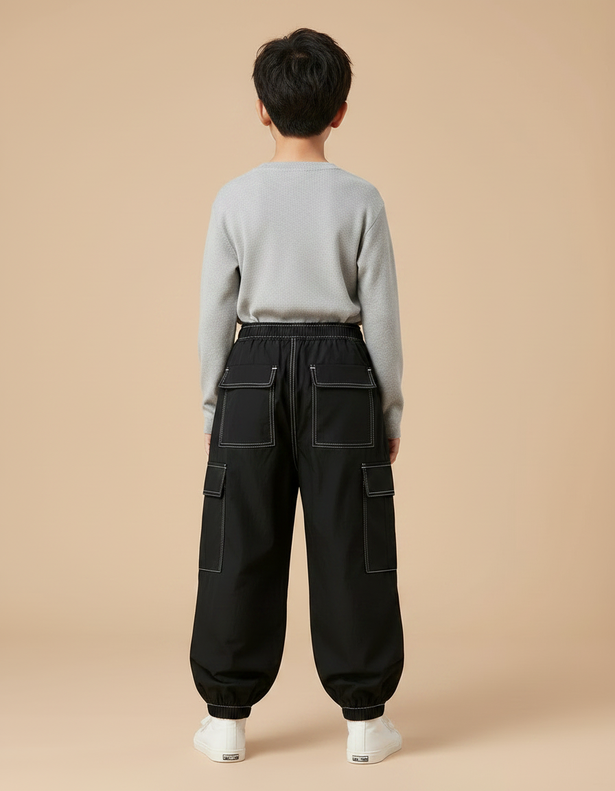 Pantalon Parachute Noir Cargo Ample Enfant - Polyester - vue 2