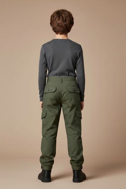 Pantalon Parachute Vert Cargo Enfant Décontracté - Kaki Gabardine - vue 2