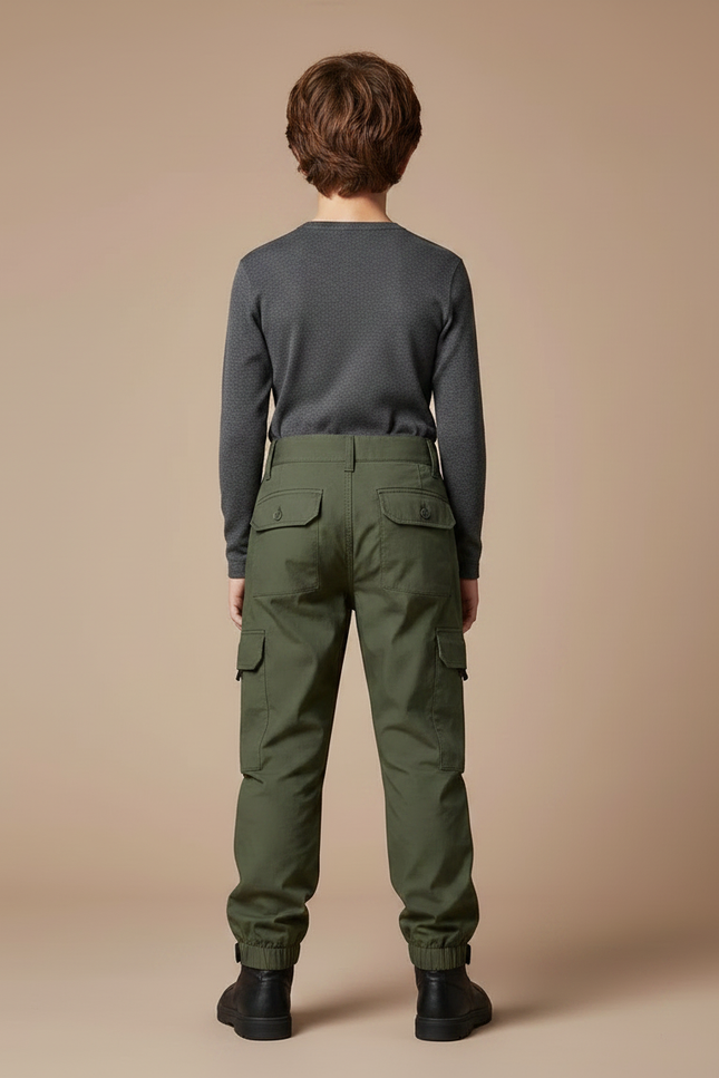 Pantalon Parachute Vert Cargo Enfant Décontracté - Kaki Gabardine - vue 2
