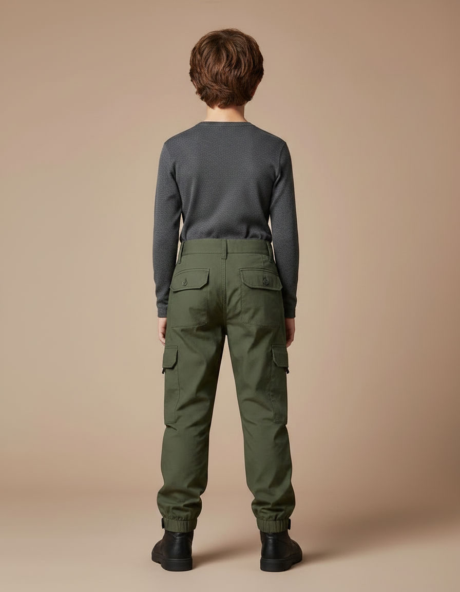 Pantalon Parachute Vert Cargo Enfant Décontracté - Kaki Gabardine - vue 2