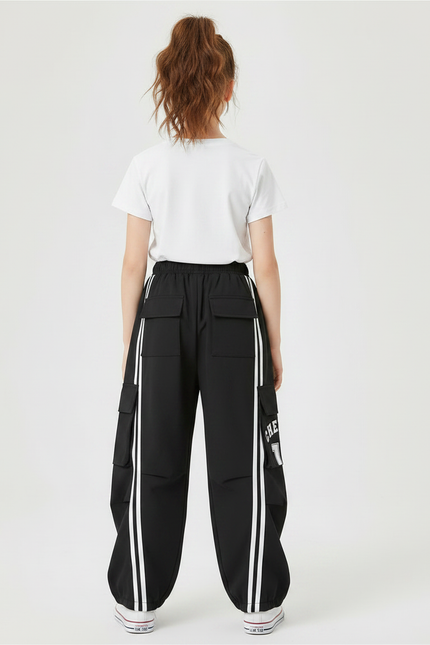 Pantalon Parachute Noir Cargo Rayures Blanches Ample Fille - Polyester - vue 2