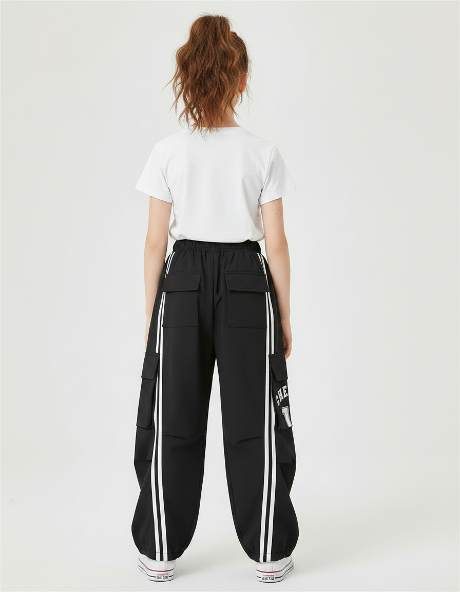 Pantalon Parachute Noir Cargo Rayures Blanches Ample Fille - Polyester - vue 2