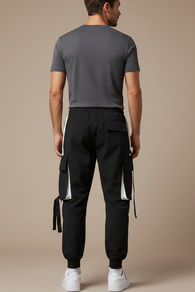 Pantalon Parachute Noir Blanc Cargo Streetwear Homme - Polyester - vue 2