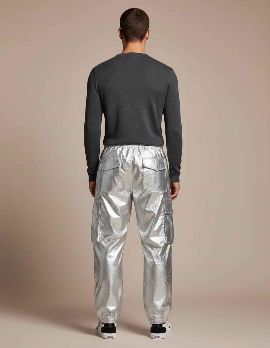Pantalon Parachute Argenté Métallisé Ample Cargo Homme - Polyester - vue 2