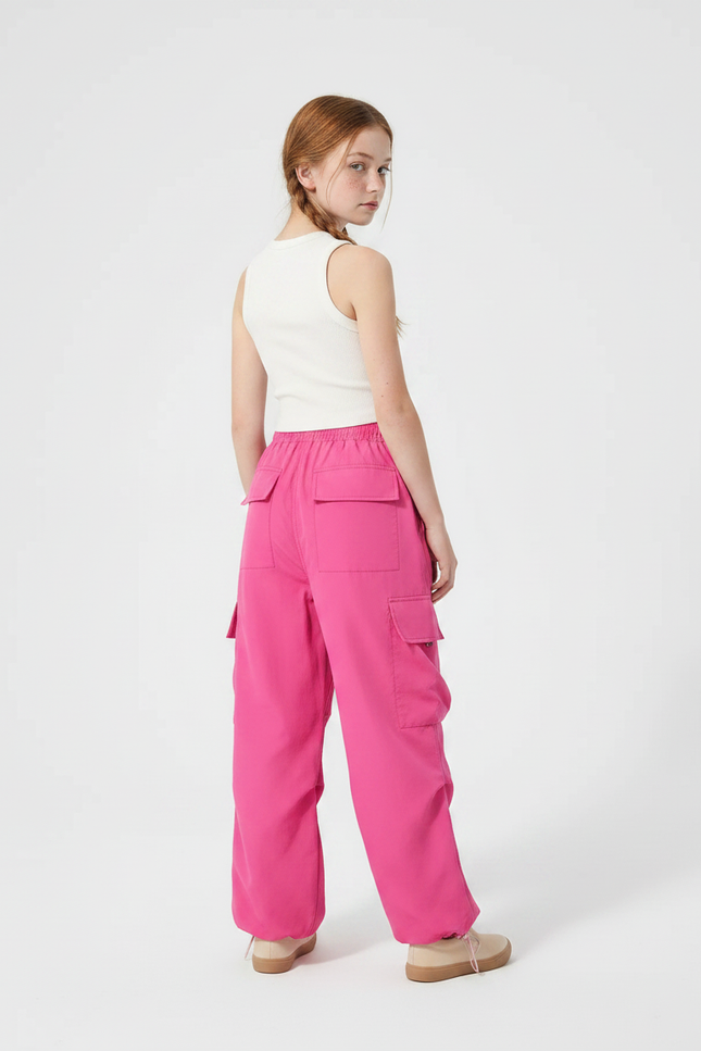 Pantalon Parachute Rose Cargo Ample Fille Ceinture Cordon - Polyester - vue 2