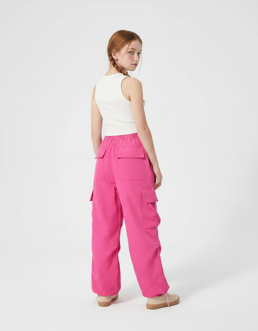 Pantalon Parachute Rose Cargo Ample Fille Ceinture Cordon - Polyester - vue 2