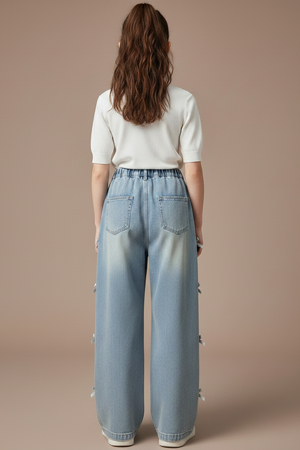 Pantalon Parachute Bleu Ample Denim Fille Nœuds Latéraux - Jean - vue 2