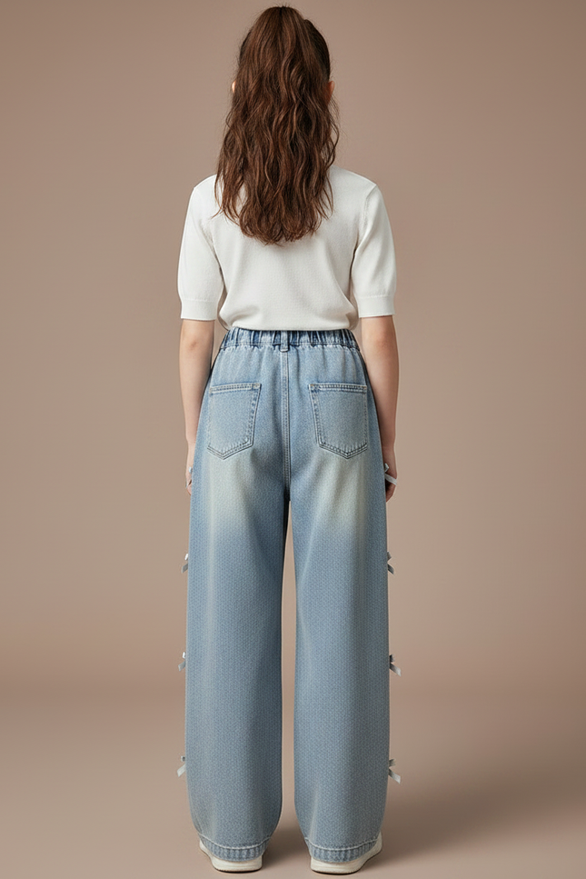 Pantalon Parachute Bleu Ample Denim Fille Nœuds Latéraux - Jean - vue 2