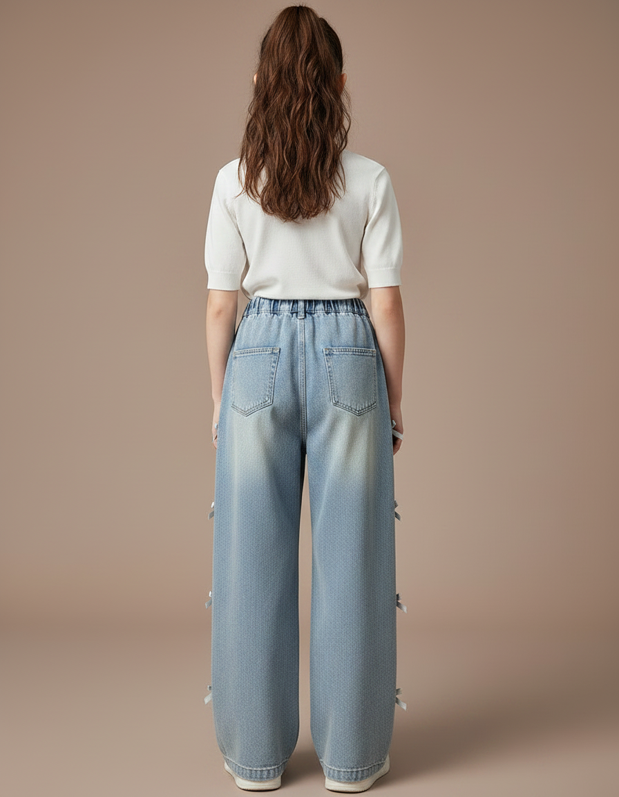 Pantalon Parachute Bleu Ample Denim Fille Nœuds Latéraux - Jean - vue 2