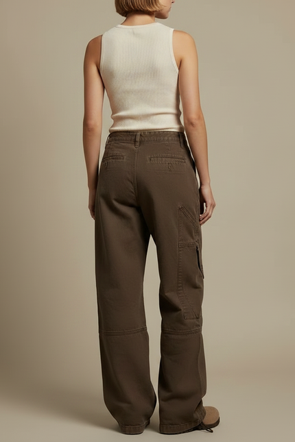Pantalon Parachute Cargo Marron Ample Coton Femme Vintage - vue 2