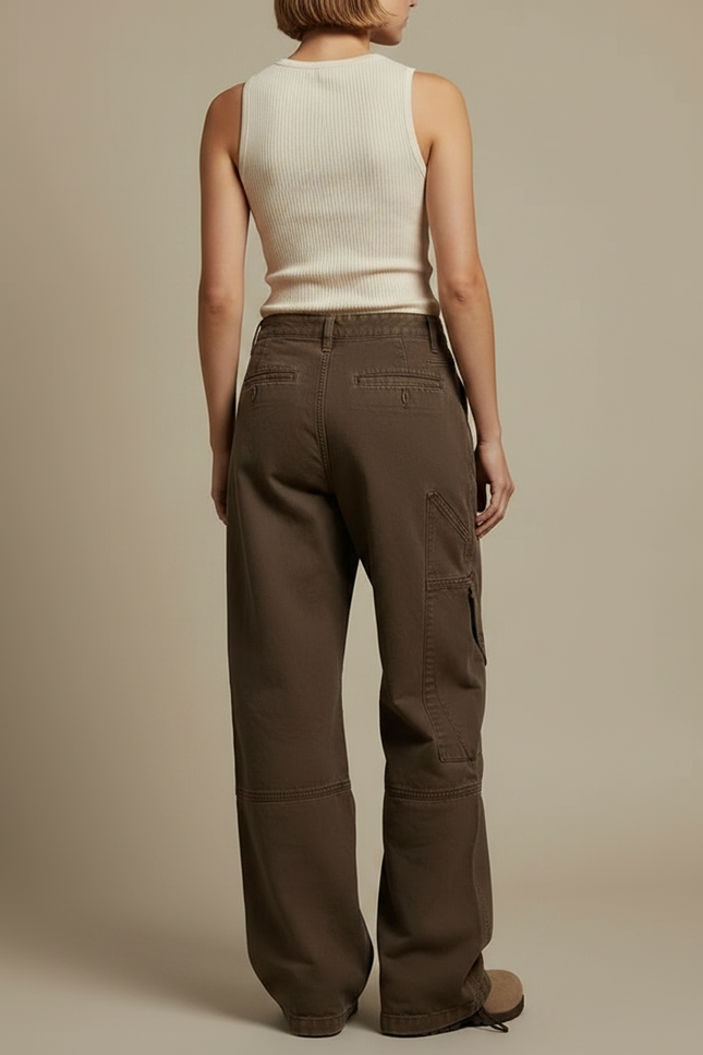 Pantalon Parachute Cargo Marron Ample Coton Femme Vintage - vue 2
