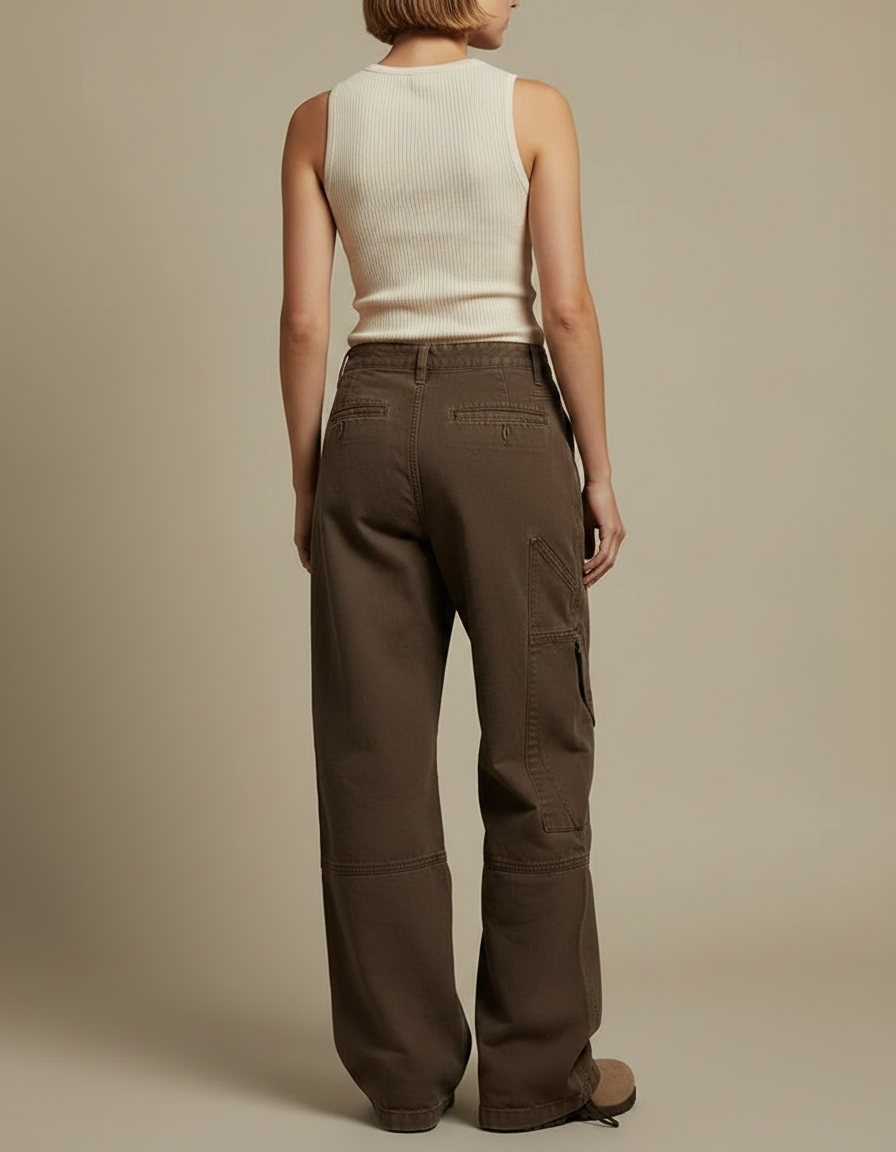 Pantalon Parachute Cargo Marron Ample Coton Femme Vintage - vue 2