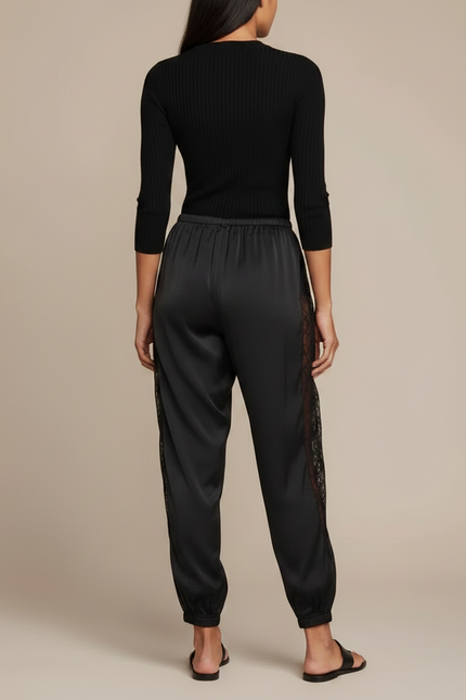 Pantalon Parachute Noir Satiné Dentelle Fluide Femme - vue 2
