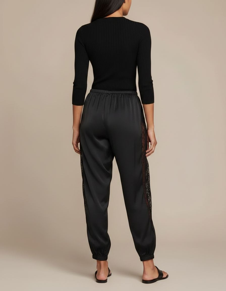 Pantalon Parachute Noir Satiné Dentelle Fluide Femme - vue 2