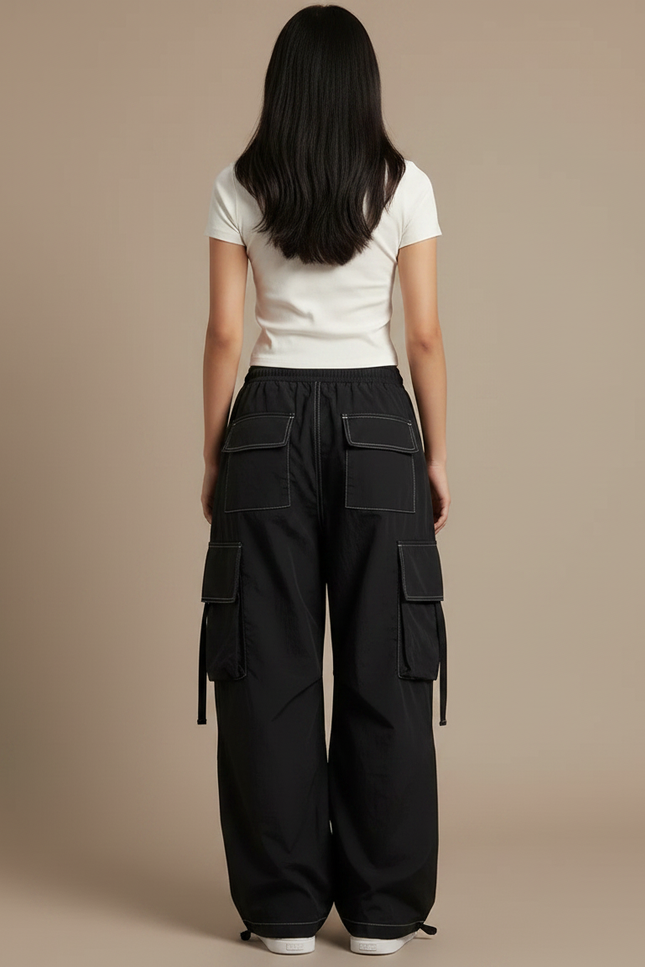 Pantalon Parachute Noir Cargo Ample Femme Décontracté - Polyester - vue 2