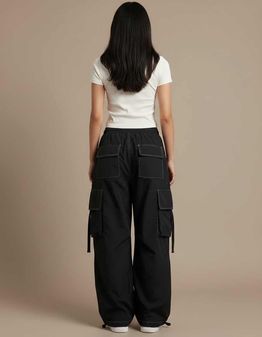 Pantalon Parachute Noir Cargo Ample Femme Décontracté - Polyester - vue 2