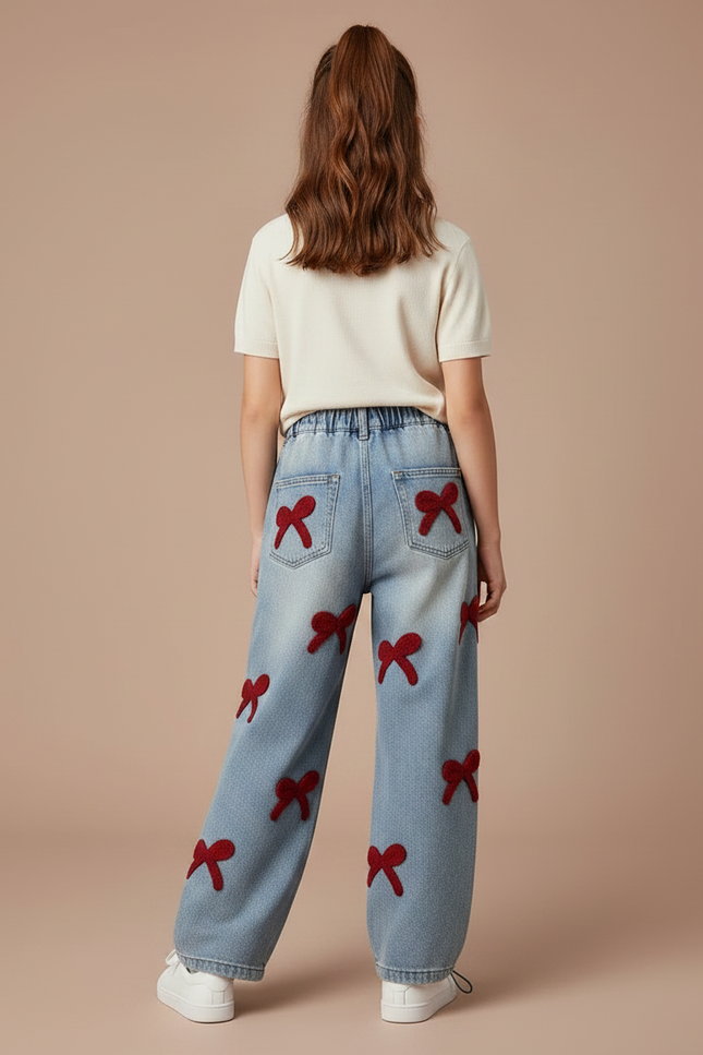 Pantalon Parachute Denim Ample Nœuds Rouges Fille - Bleu Jean - vue 2