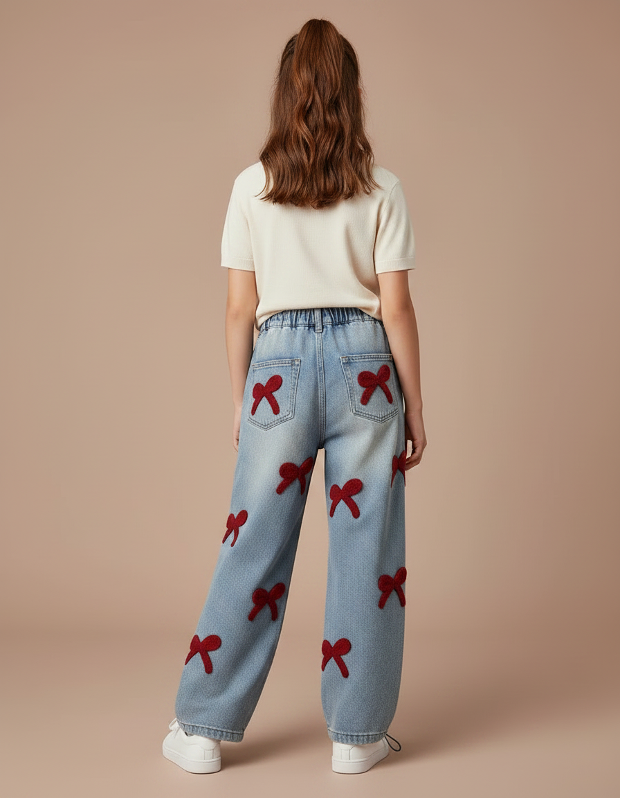 Pantalon Parachute Denim Ample Nœuds Rouges Fille - Bleu Jean - vue 2