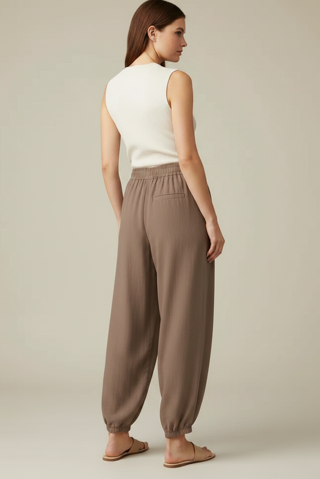 Pantalon Parachute Marron Lin Fluide Décontracté Femme - vue 2