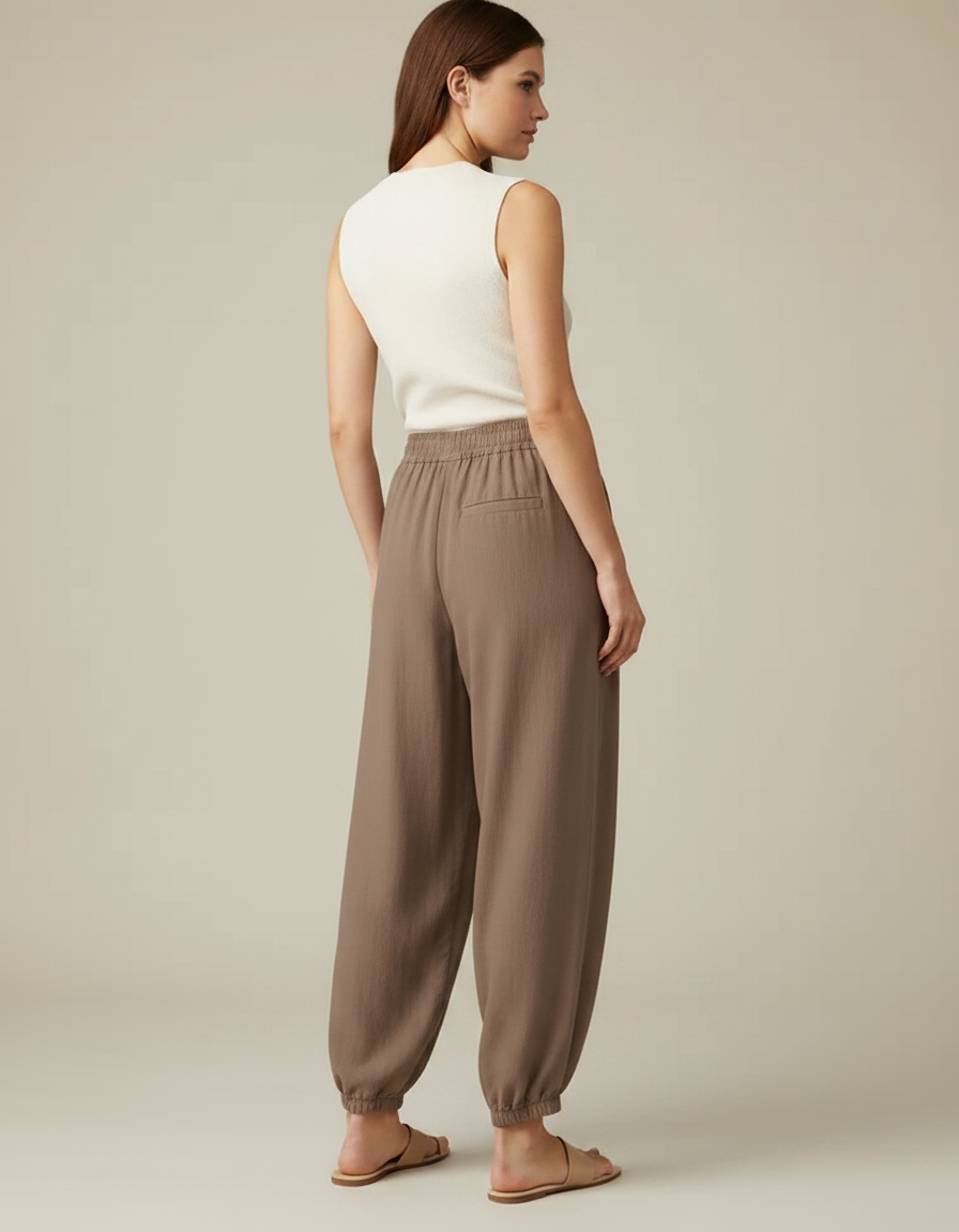 Pantalon Parachute Marron Lin Fluide Décontracté Femme - vue 2