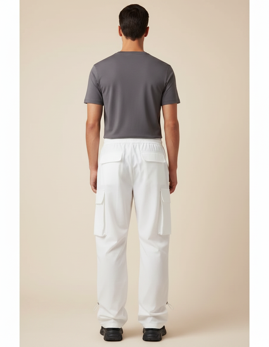 Pantalon Parachute Blanc Ample Cargo Cordon Homme - Polyester - vue 2