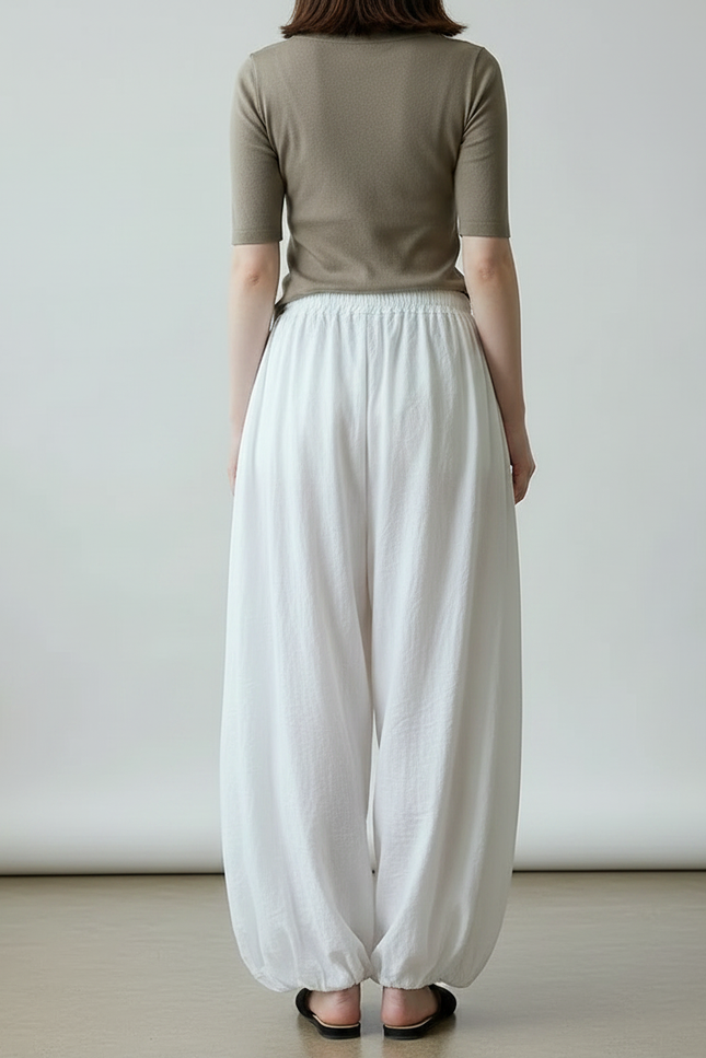 Pantalon Parachute Femme Blanc Resserré Aux Chevilles - Lin - vue 2