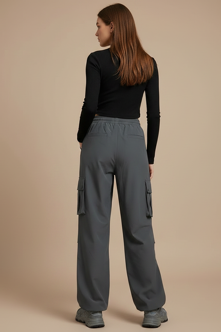 Pantalon Parachute Gris Femme Cargo Ample Décontracté - Polyester - vue 2