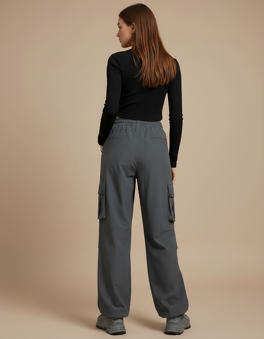 Pantalon Parachute Gris Femme Cargo Ample Décontracté - Polyester - vue 2