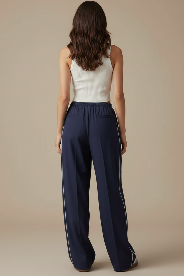 Pantalon Parachute Bleu Marine Fluide Rayures Latérales - Polyester - vue 2