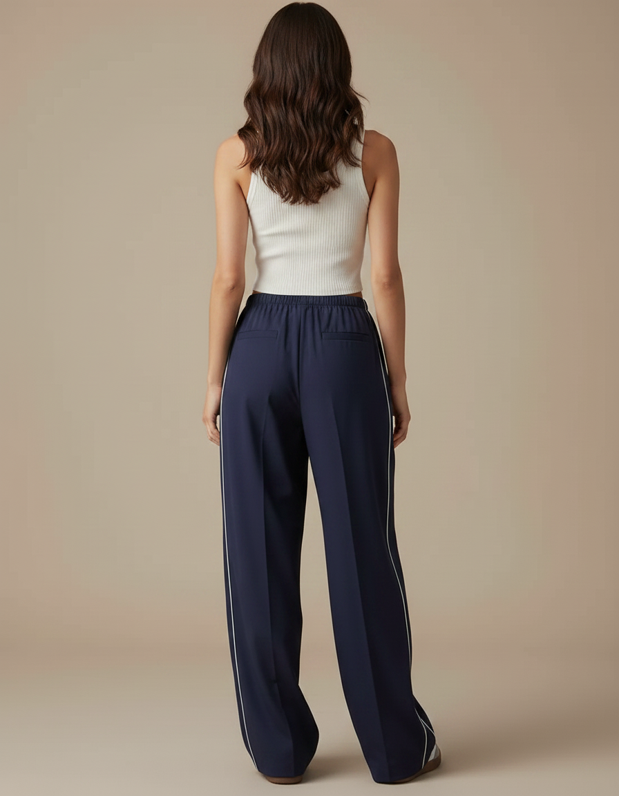 Pantalon Parachute Bleu Marine Fluide Rayures Latérales - Polyester - vue 2