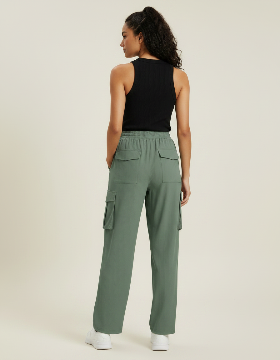 Pantalon Parachute Vert Cargo Fluide Femme Décontracté - Maille - vue 2