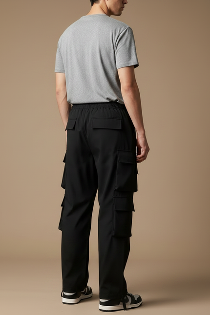 Pantalon Parachute Noir Cargo Ample Unisexe Cordon - Polyester - vue 2
