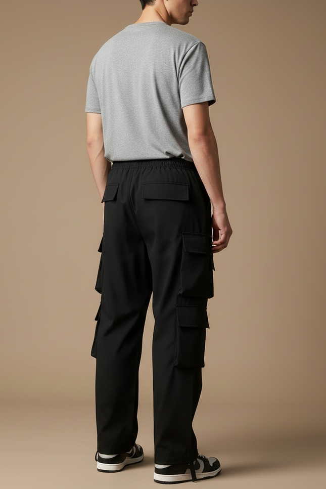 Pantalon Parachute Noir Cargo Ample Unisexe Cordon - Polyester - vue 2