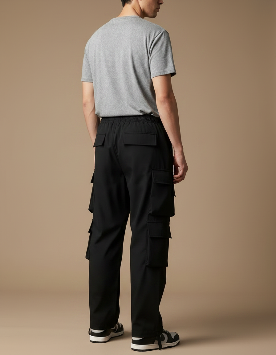 Pantalon Parachute Noir Cargo Ample Unisexe Cordon - Polyester - vue 2