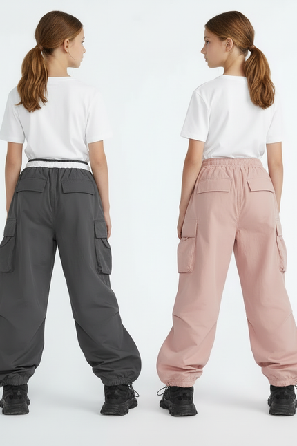 Pantalon Parachute Cargo Ample Fille Rose Gris - Polyester - vue 2